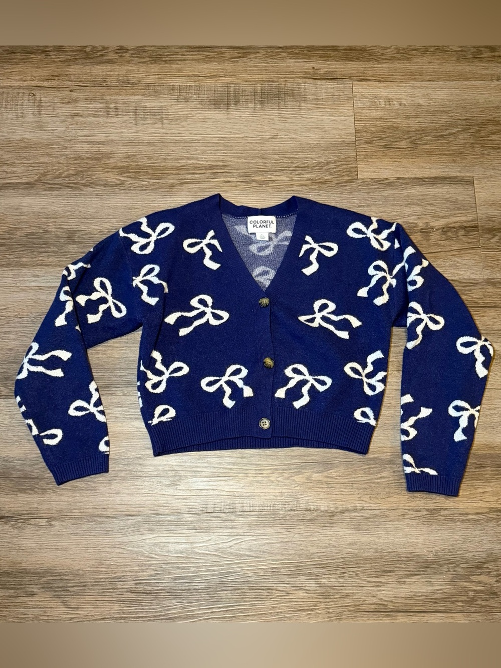 Blue Cardigan with White Bow Print Girls Size Large (12)